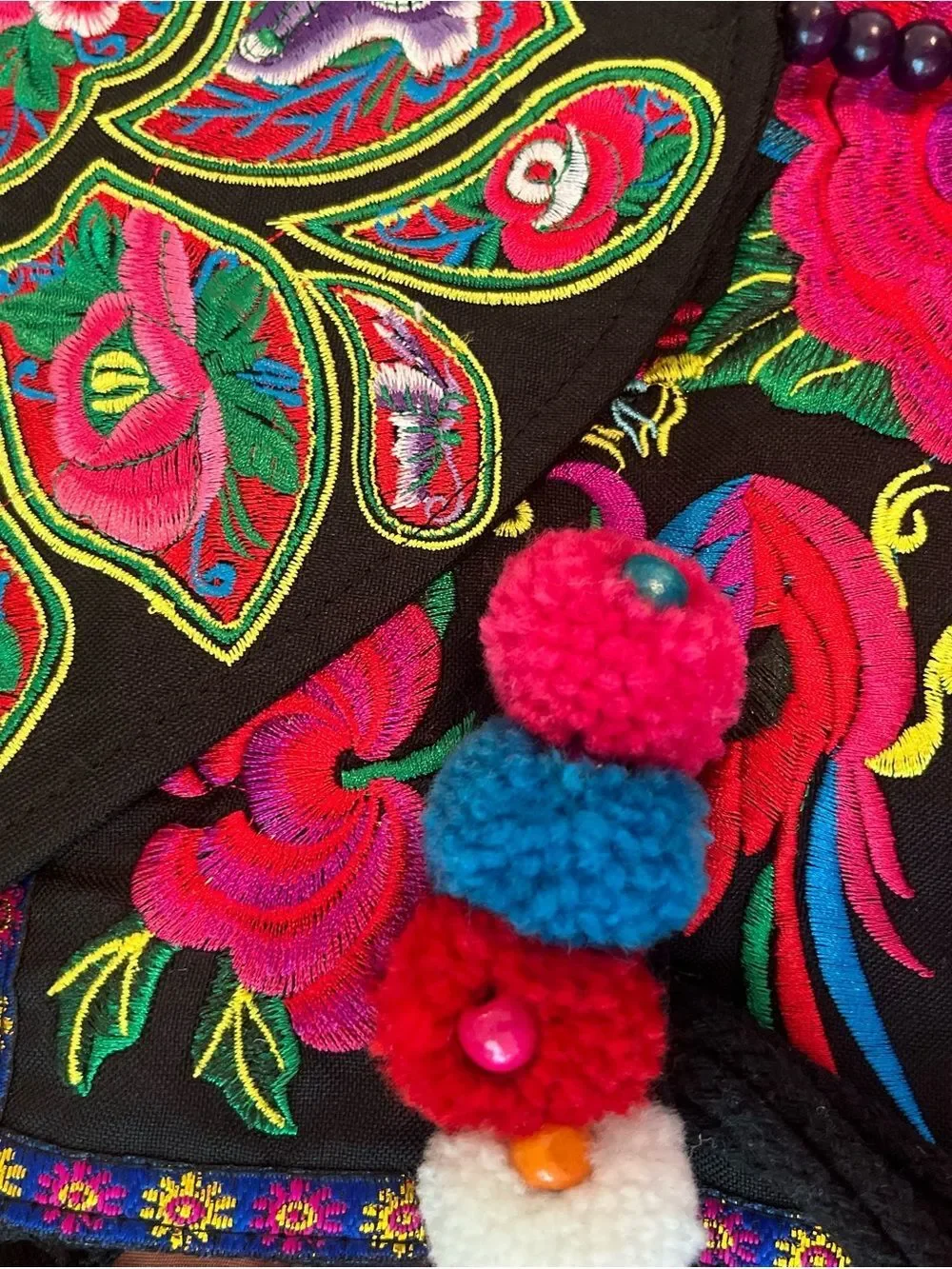 Boho Embroidered Floral & Bird Convertible Tote Backpack w/Pom Pom Tassels NWOT